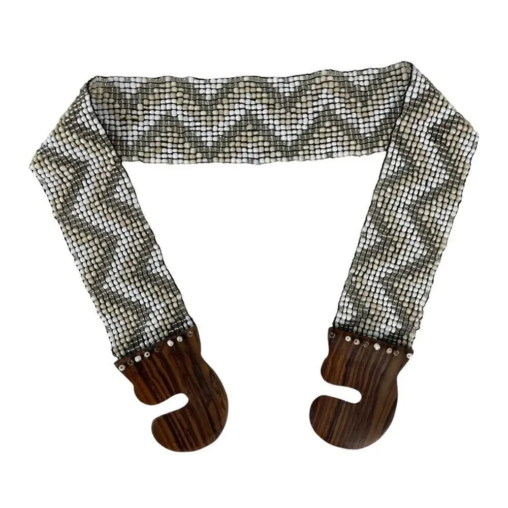 Vintage Hand-made Boho Belt Stretchy Beaded Bali Belt with Wooden Hook Buckle